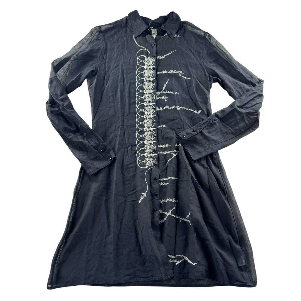 Johnny Was Pete Greta Black Sheer Embroidered Tunic Shirt Womens S Button Front